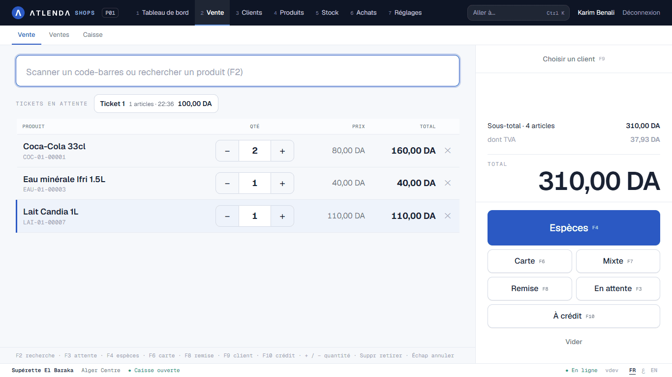 The Atlenda Shops till screen: scan field, current ticket and payment total in DZD
